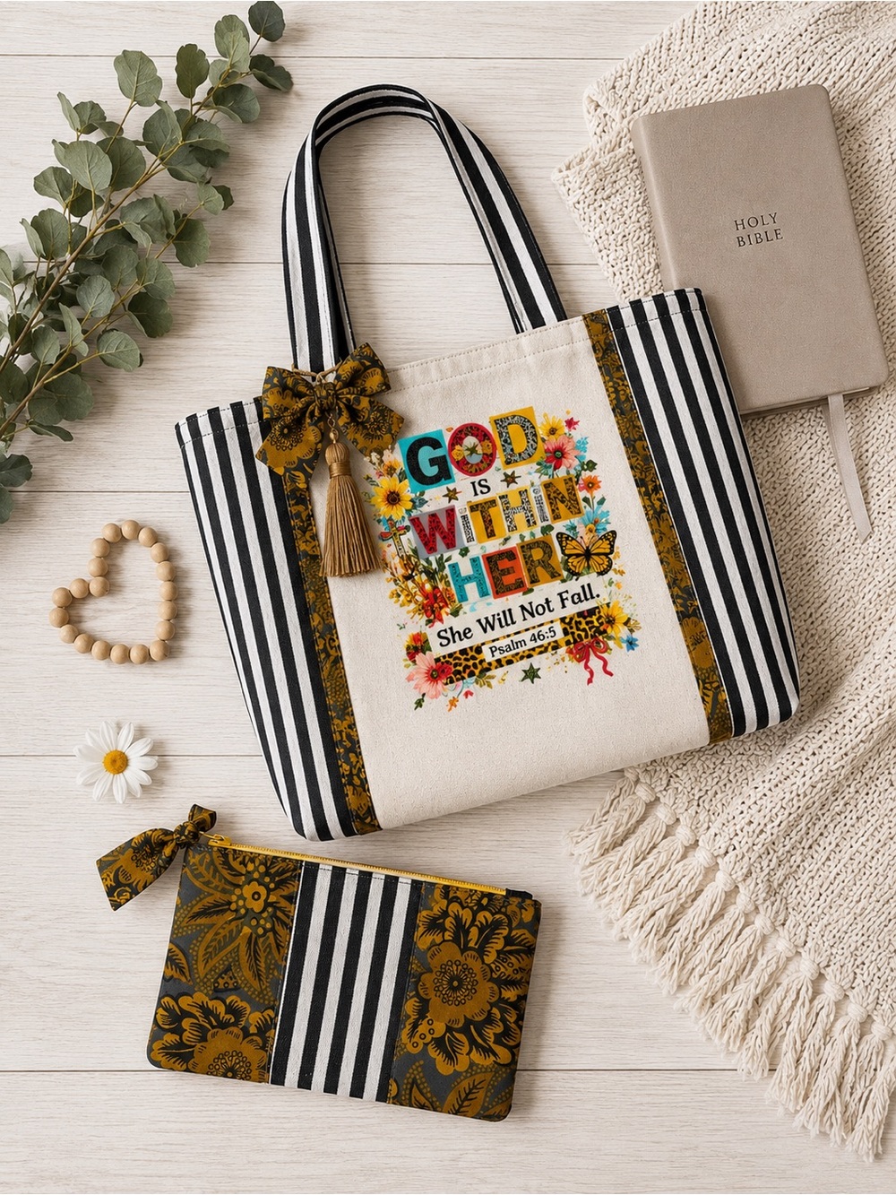 Handmade Bible Tote Bag God Is Within Her Floral Faith Bag and Pouch Set